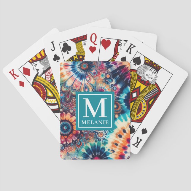 Hippie Retro Tie-Dye Monogrammed Poker Cards (Back)