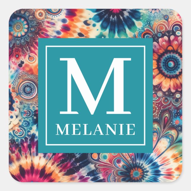Hippie Retro Tie-Dye Monogrammed Square Sticker