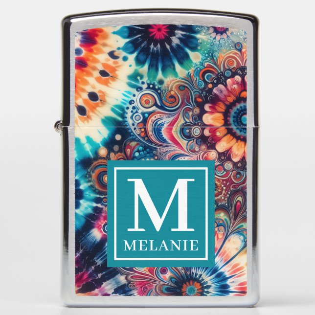 Hippie Retro Tie-Dye Monogrammed Zippo Lighter (Front)