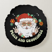 Hippie Santa Claus Peace and Grooviness Christmas Round Pillow