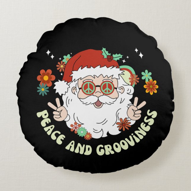 Hippie Santa Claus Peace and Grooviness Christmas Round Pillow (Front)
