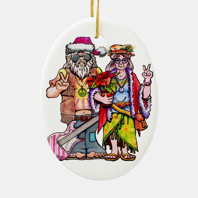 Hippie Santa Couple Ceramic Ornament (Back)