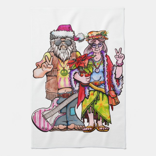 Hippie Santa Couple Kitchen Towel (Vertical)