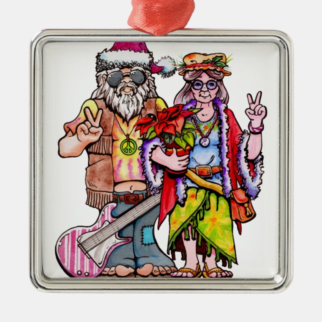 Hippie Santa Couple Metal Ornament (Front)