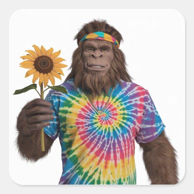 Hippie Sasquatch in Tiedye With Sunflower Square Sticker (Front)