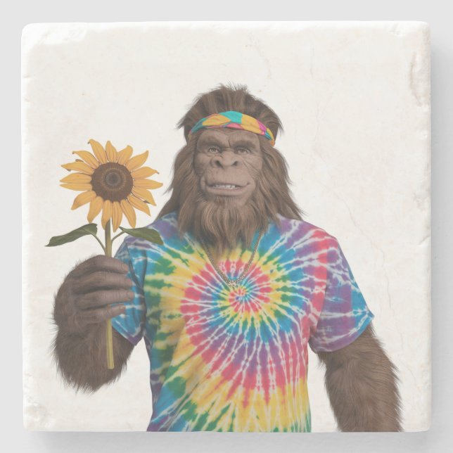 Hippie Sasquatch in Tiedye With Sunflower Stone Coaster (Front)