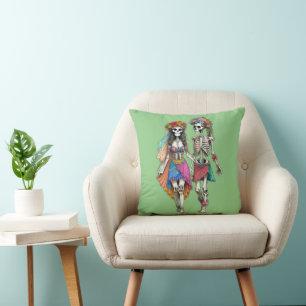 Hippie Skeleton Couple Throw Pillow