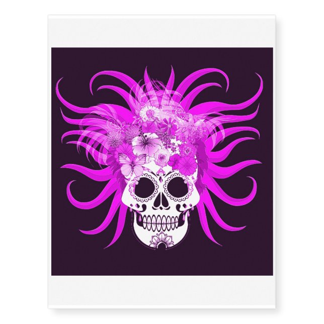 hippie skull,pink temporary tattoos (Front)