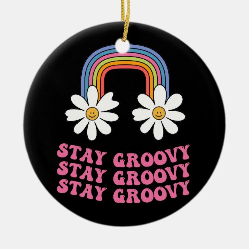 hippie smiling rainbow with stay groovy slogan ceramic ornament