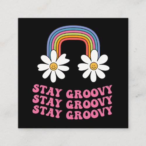 hippie smiling rainbow with stay groovy slogan square business card