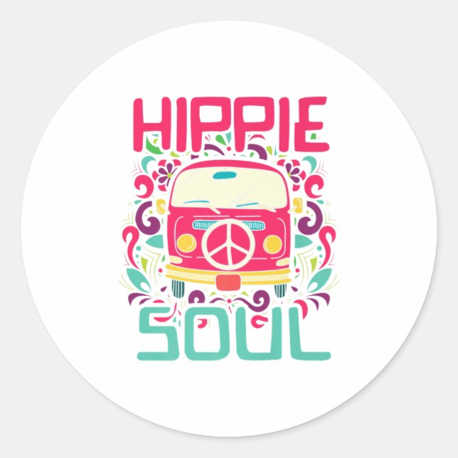 Hippie Soul Colorful Peace Van Premium Classic Round Sticker (Front)