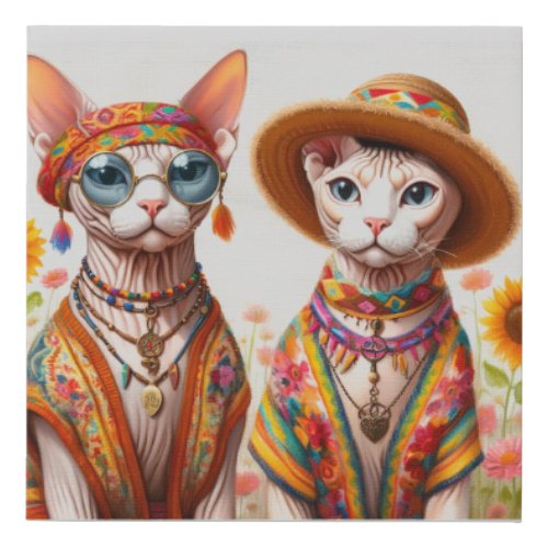 Hippie Sphynx Cat Couple Faux Canvas Print