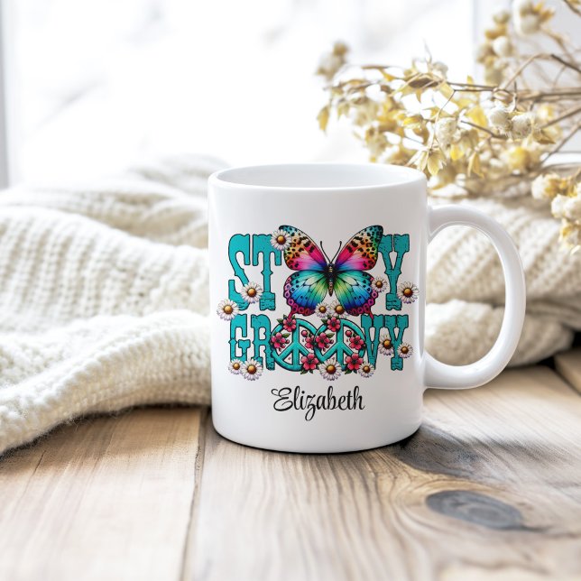Hippie Stay Groovy Turquoise Floral Custom Name  Coffee Mug (Hippie Stay Groovy Turquoise Floral Custom Name Coffee Mug on a neutral cozy wooden table.)