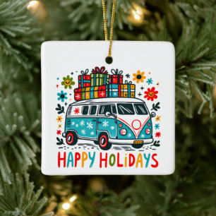 Hippie Style Good Vibes Groovy Christmas Van Ceramic Ornament