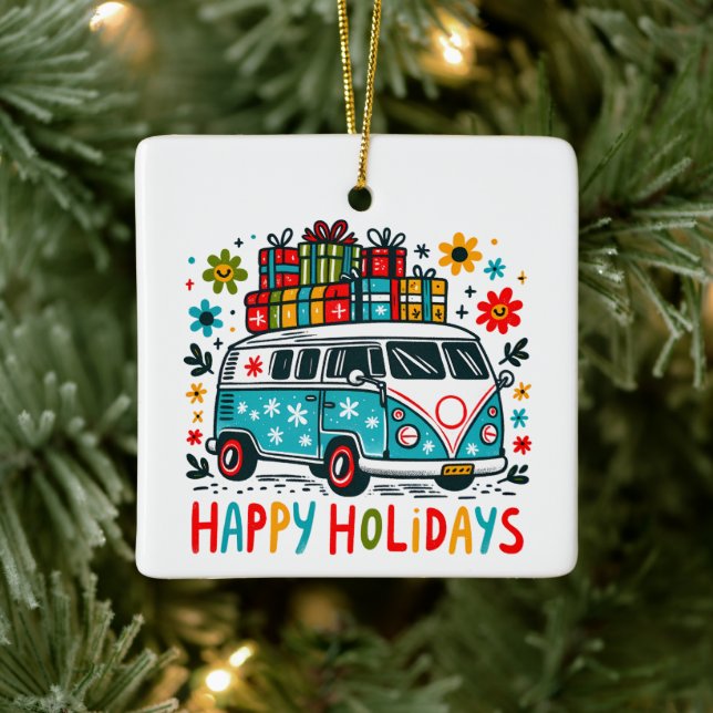 Hippie Style Good Vibes Groovy Christmas Van  Ceramic Ornament (Tree)