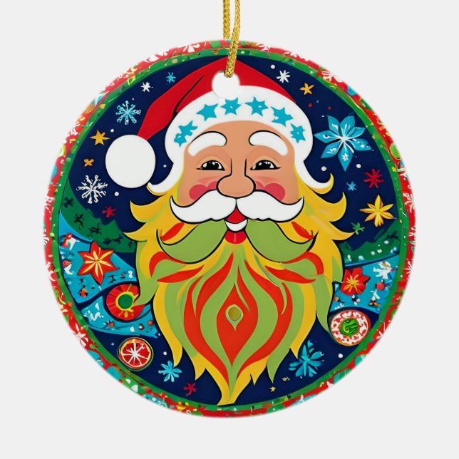 Hippie Style Groovy Santa Christmas Double-Sided Ceramic Ornament (Front)