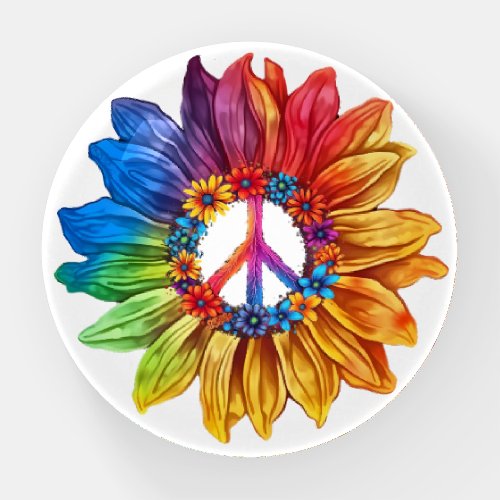 Hippie Style Tie Dye Peace Sign Sunflower  Paperweight