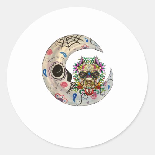 Hippie Sugar Skull Pitbull On Spooky Moon Ha Classic Round Sticker