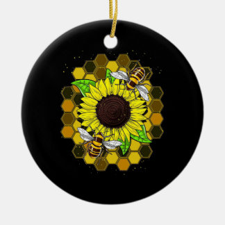Hippie Sunflower Bees Ceramic Ornament