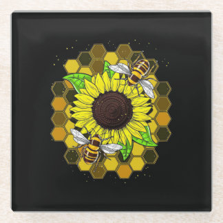 Hippie Sunflower Bees Glass Coaster