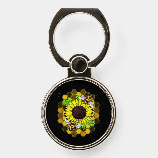 Hippie Sunflower Bees Phone Ring Stand (Front)