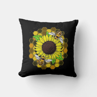 Hippie Sunflower Bees Throw Pillow