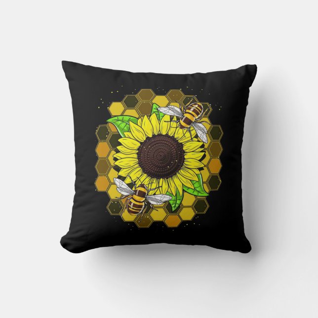 Hippie Sunflower Bees Throw Pillow (Front)