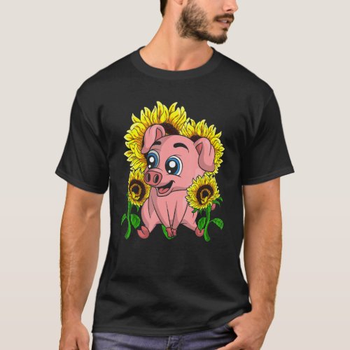 Hippie Sunflower Cute Piglet Farm Animal  Farmer P T_Shirt