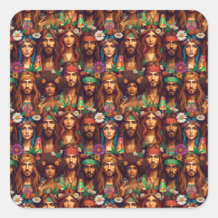 Hippie Tapestry Groovy Psychedelic Peace Era Square Sticker