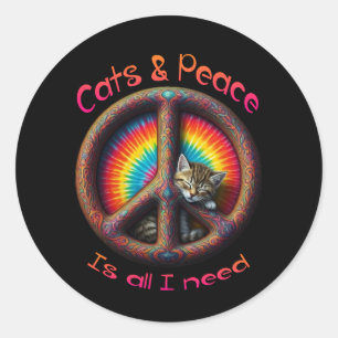 Hippie Tie Dye Cat Lovers Peace sign Psychedelic Classic Round Sticker