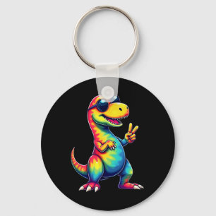 Hippie Tie Dye T-rex Dino Peace Sign  Keychain