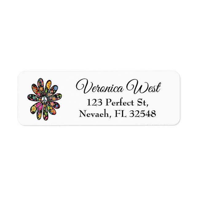 Hippie Trippy Flower Power Peace Sign Floral Label (Front)