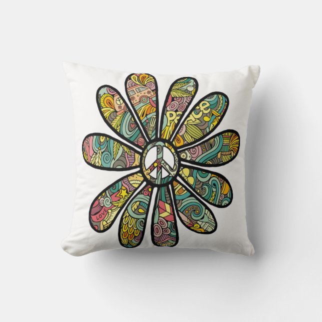 Hippie Trippy Flower Power Peace Sign Seventies Throw Pillow (Front)