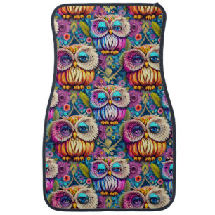 Hippie Trippy Psychedelic Colorful Owl Car Floor Mat
