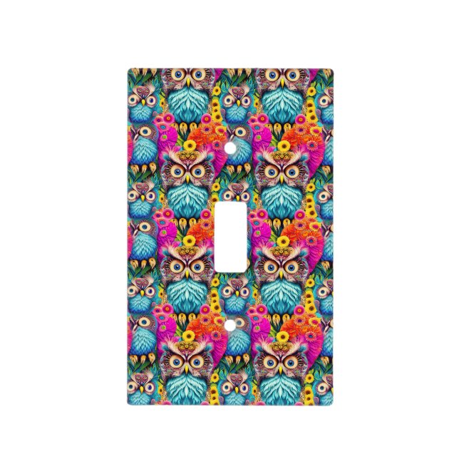 Hippie Trippy Psychedelic Colorful Owl  Light Switch Cover (Front)