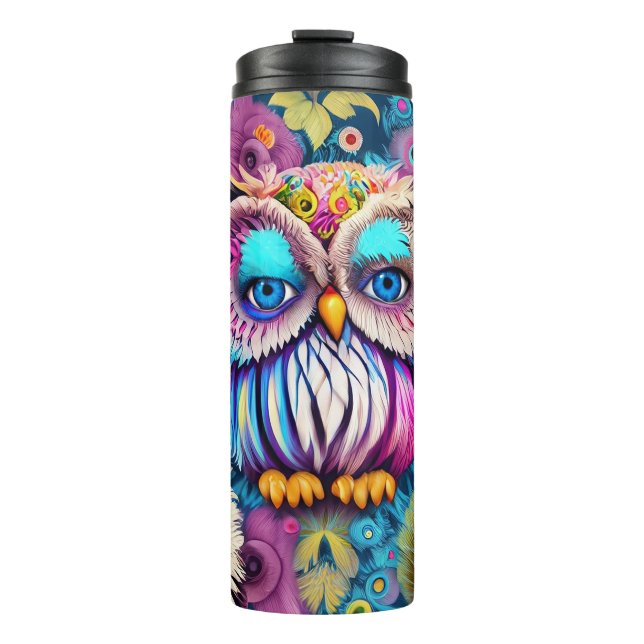 Hippie Trippy Psychedelic Colorful Owl  Thermal Tumbler (Front)