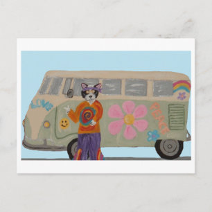 Hippie Tuxedo Cat with Flower Child Van  Invitation Postcard