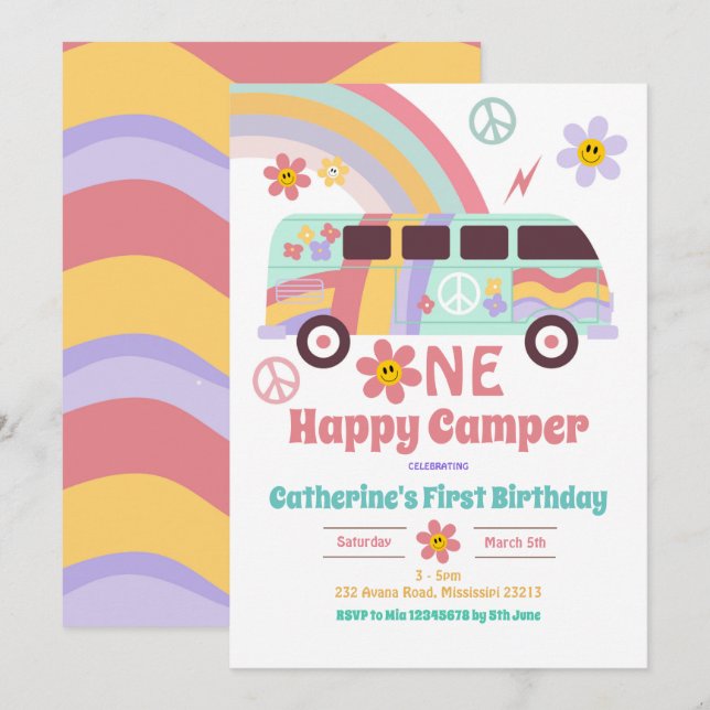 Hippie Van One Happy Camper First Birthday Invitation (Front/Back)