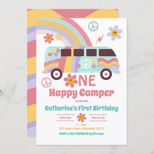 Hippie Van One Happy Camper First Birthday Invitation