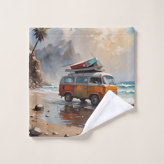 Hippie Van Seascape Traveler Mood Art  Bath Towel Set (Wash Cloth)