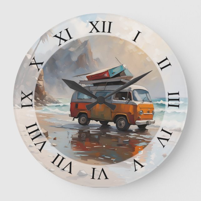 Hippie Van Seascape Traveler Mood Art  Large Clock (Front)