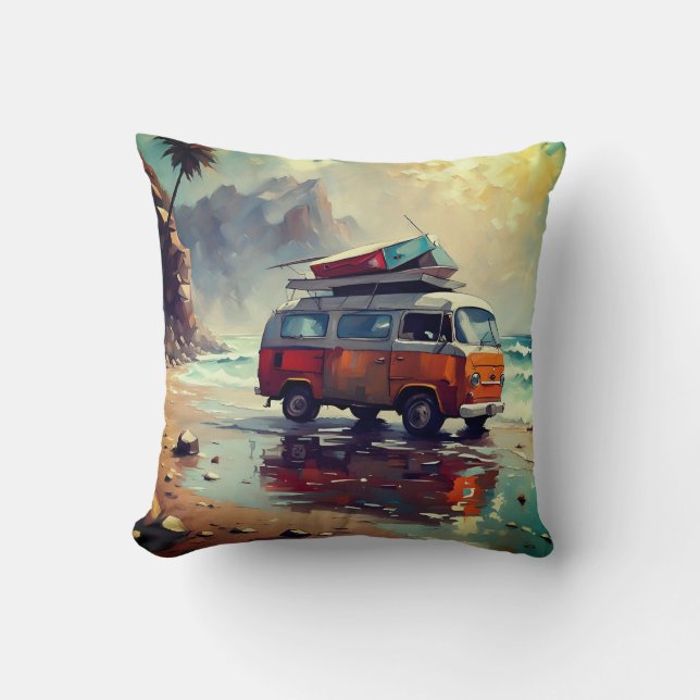 Hippie Van Seascape Traveler Mood Art  Throw Pillow (Front)