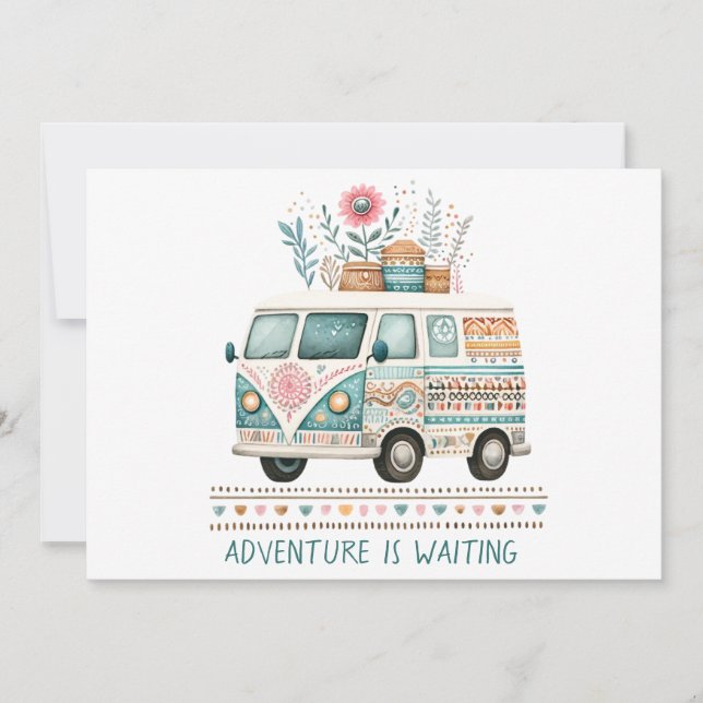 Hippie van with flower - customizable invitation (Front)