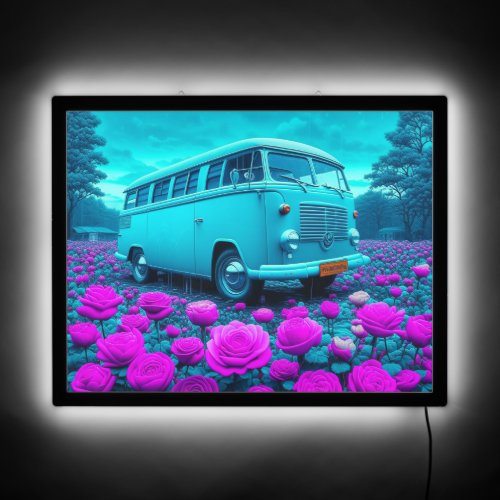 Hippie Van With Ultraviolet Roses In The Rain LED Sign
