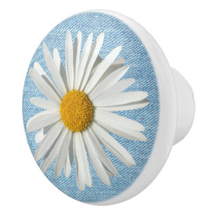 Hippie White Daisy Flower Blossom Pale Blue Denim Ceramic Knob
