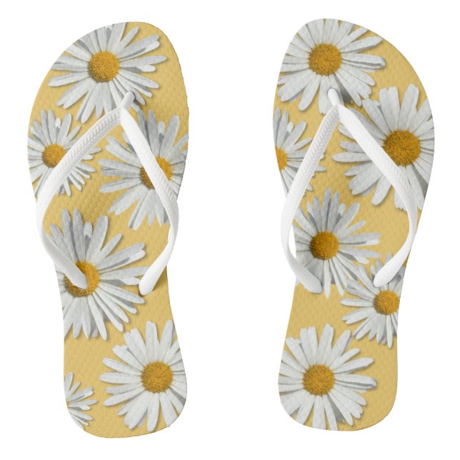 Hippie White Daisy Flower Blossom - Trendy Fashion Flip Flops (Footbed)