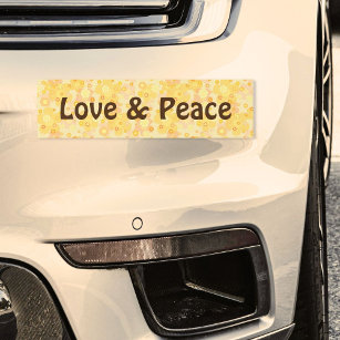 Hippie yellow 70's style flower power love & peace bumper sticker