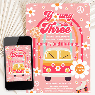 Hippie Young Wild & Three Groovy 3rd Birthday Invitation