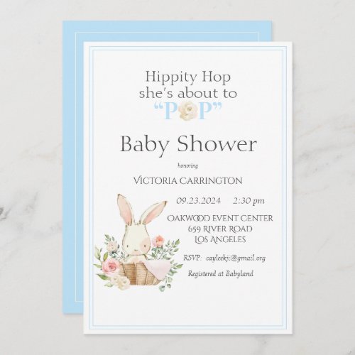Hippity Hop Bunny Blue Modern Baby Shower Invitation