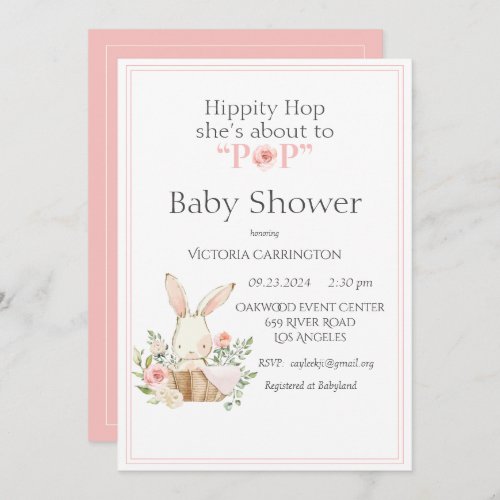 Hippity Hop Bunny Pink Modern Baby Shower Invitation